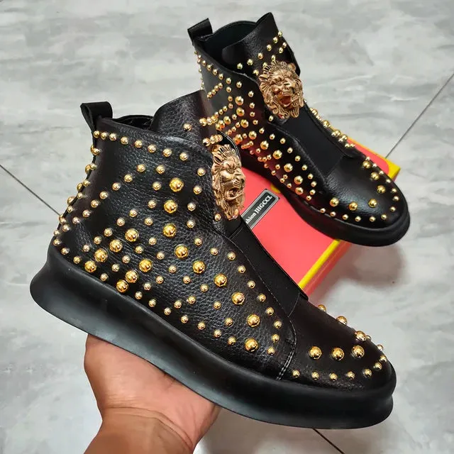 Black Leather Rivets Decoration Boots