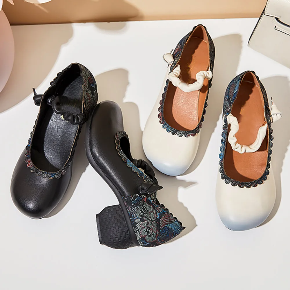 Ethnic Style Chunky Heel Leather Women Shoes