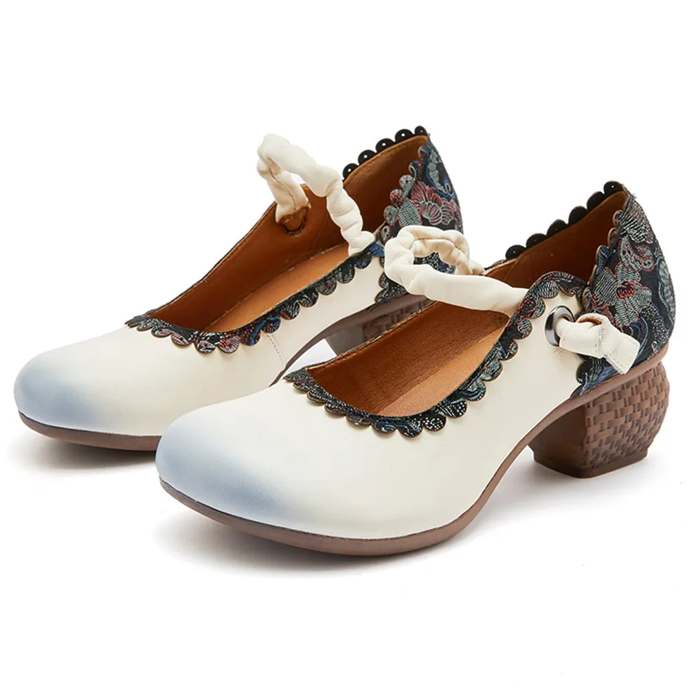 Ethnic Style Chunky Heel Leather Women Shoes