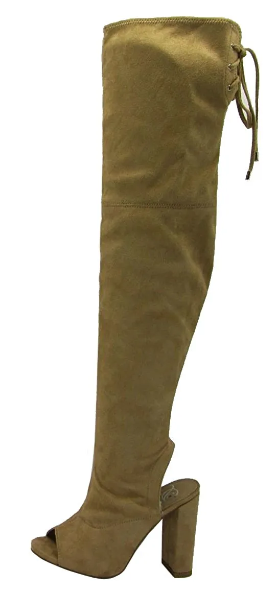 Faux Suede Peep Toe - Thigh High Zipper Closure Lace Up - Chunky High Heel Over The Knee Boot, MVE Shoes