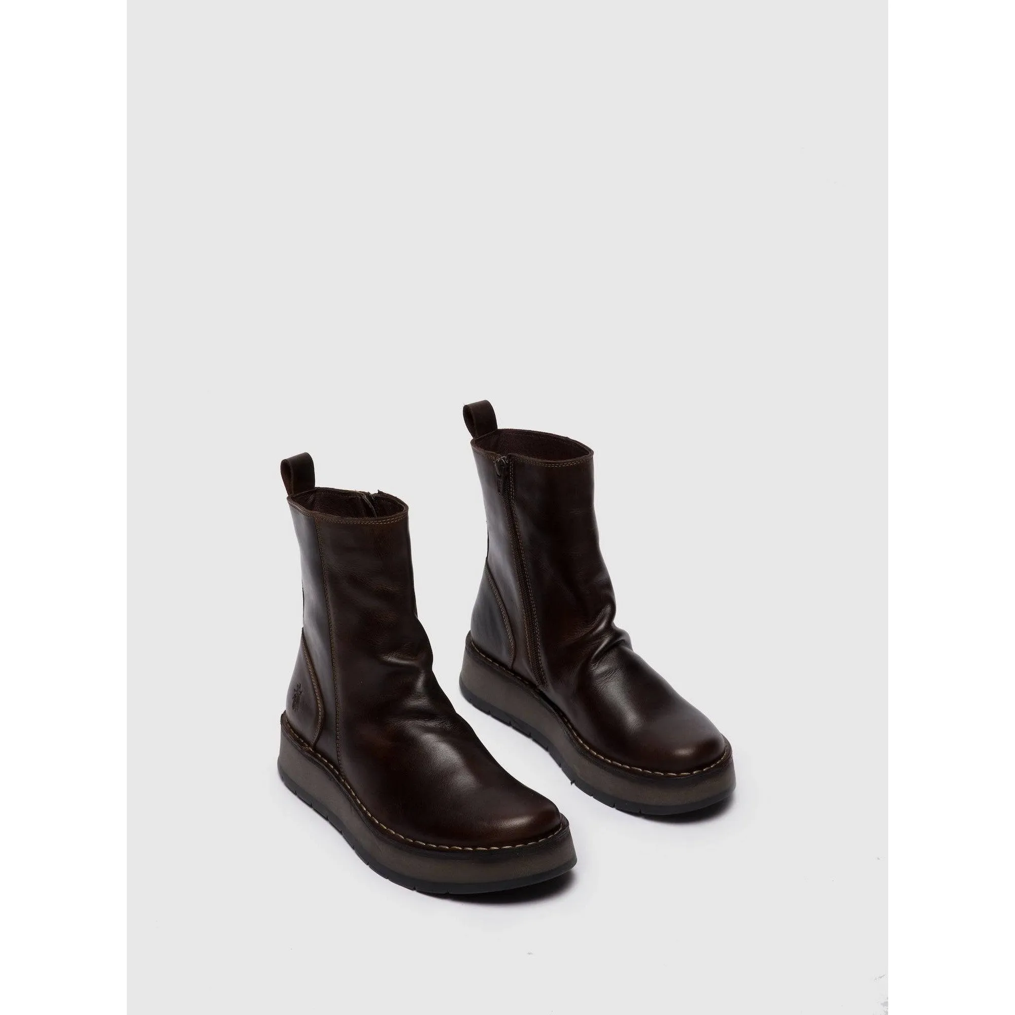 Fly RENO053 Rug Ladies Dark Brown Leather Side Zip Ankle Boots