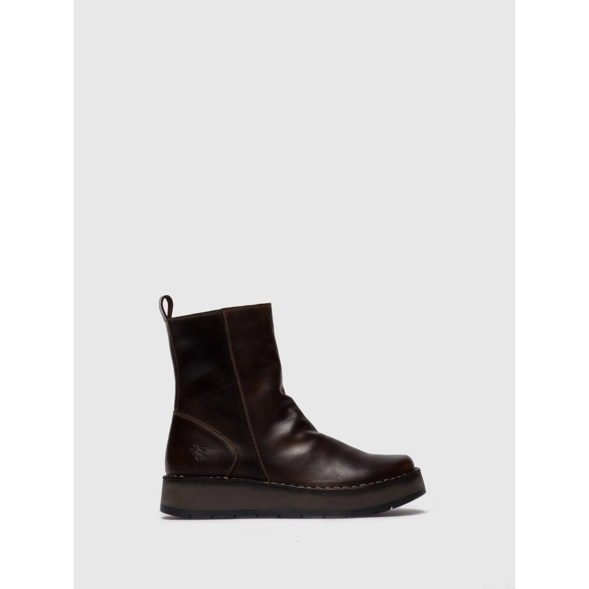 Fly RENO053 Rug Ladies Dark Brown Leather Side Zip Ankle Boots