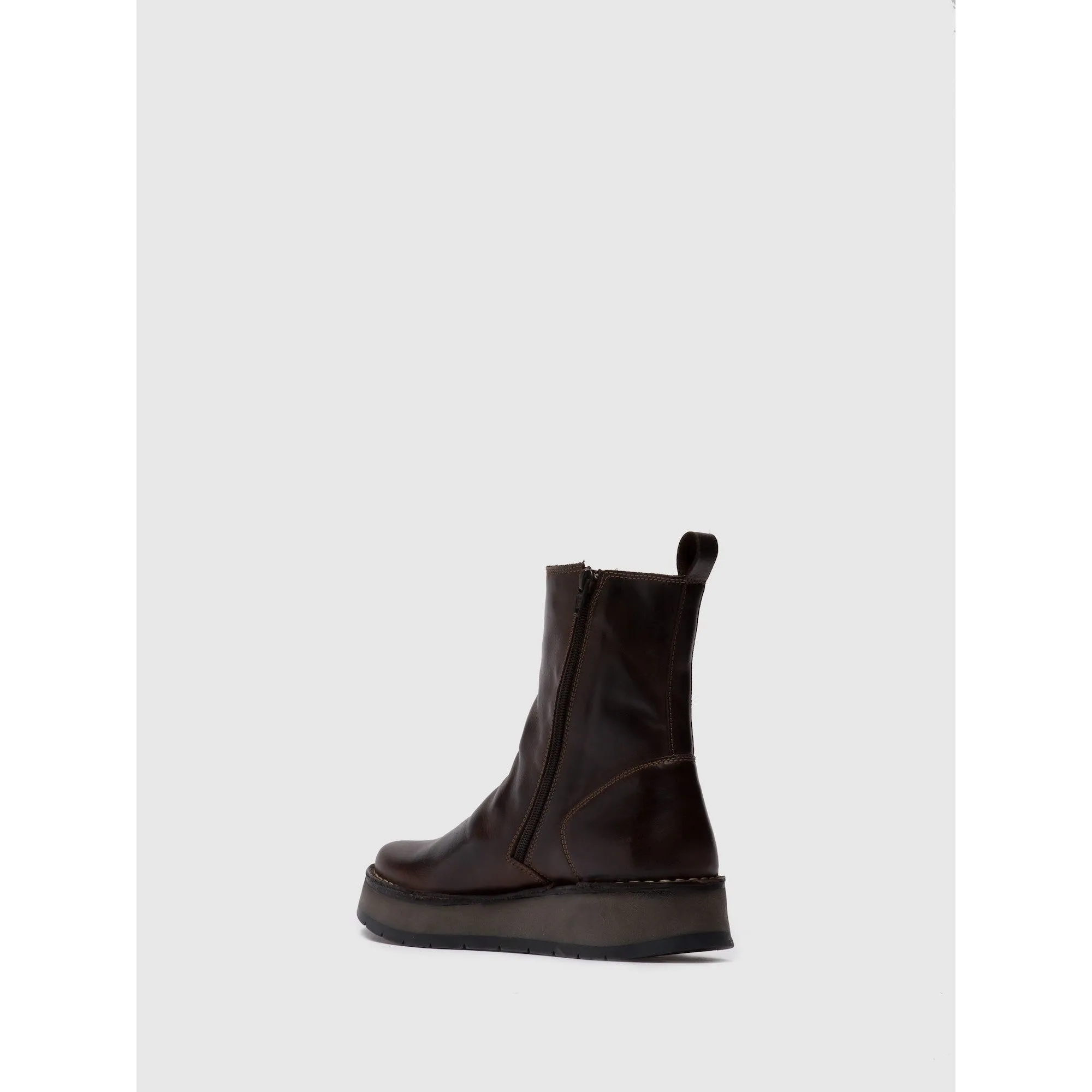 Fly RENO053 Rug Ladies Dark Brown Leather Side Zip Ankle Boots