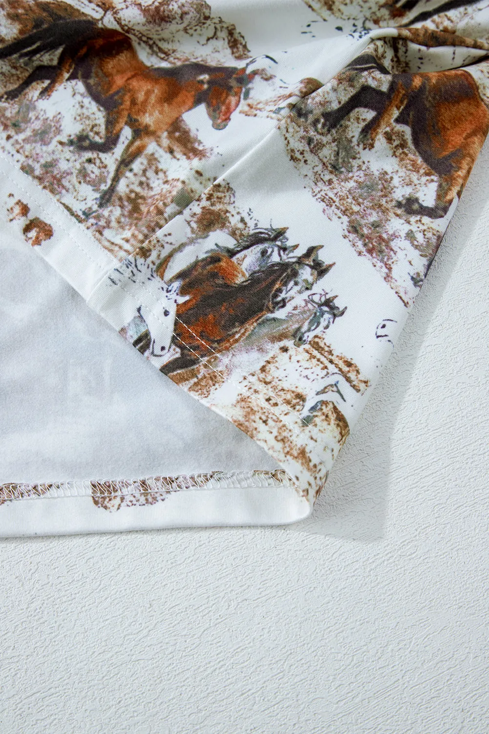 Western Wild Horses Print Hollow-out Long Sleeve Top