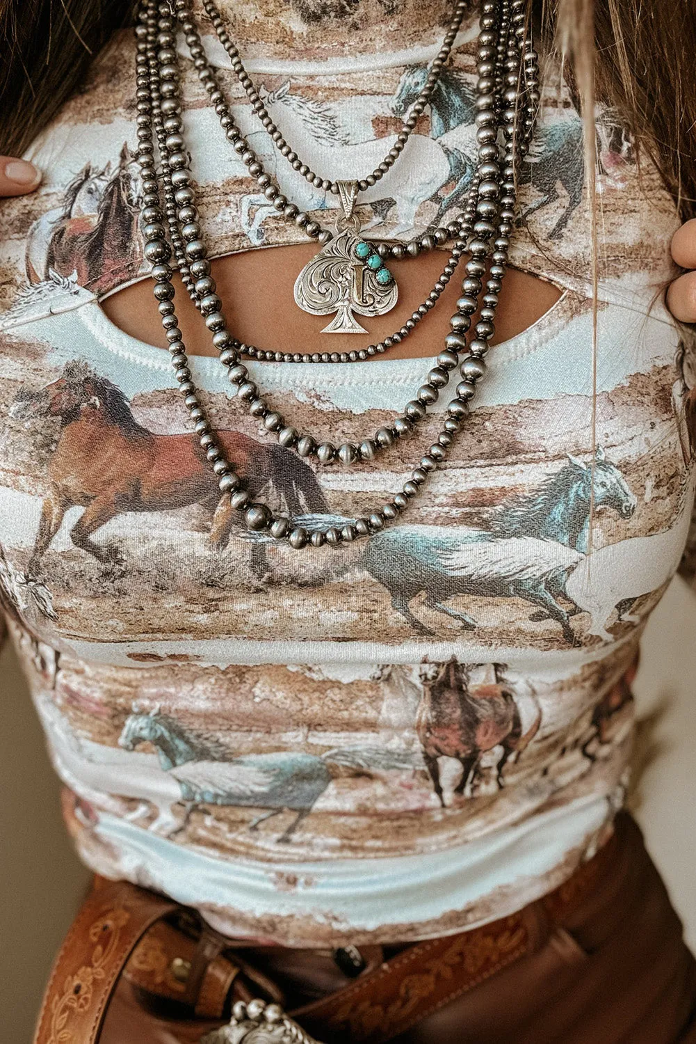 Western Wild Horses Print Hollow-out Long Sleeve Top