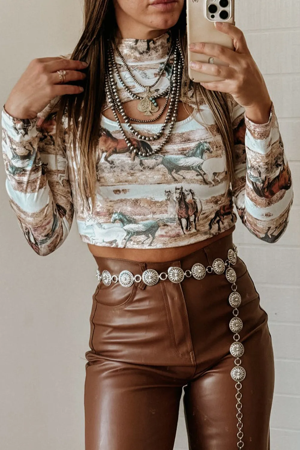 Western Wild Horses Print Hollow-out Long Sleeve Top