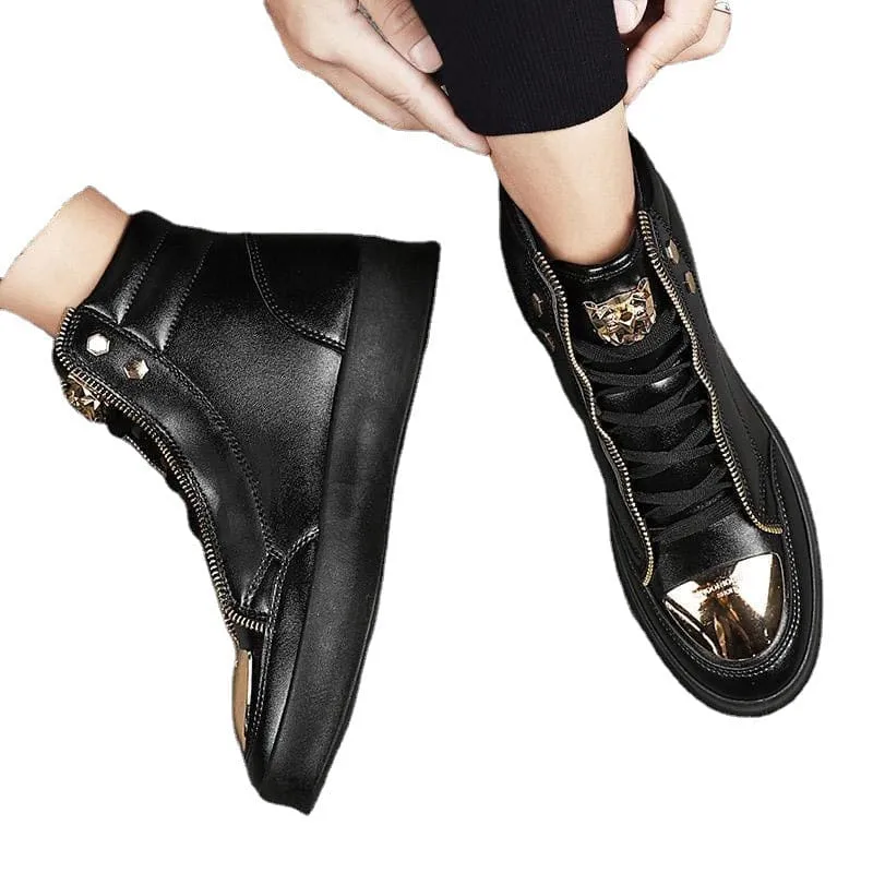 White High-top Casual Street Boots with Gold Accents and Tiger Detail